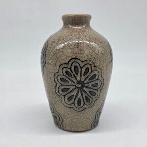 Small Beige Ceramic Bud Vase With Black Flower Motif & Crackled Texture